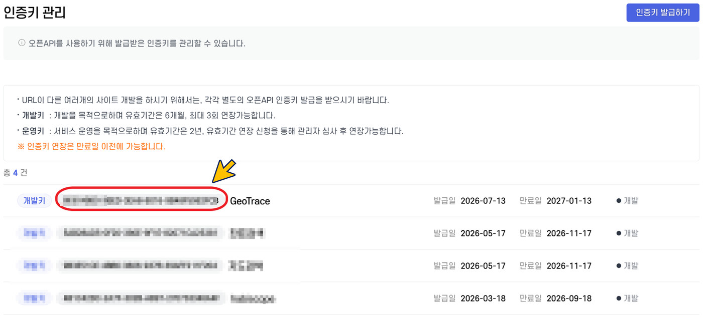 VWorld 인증키 관리 화면
